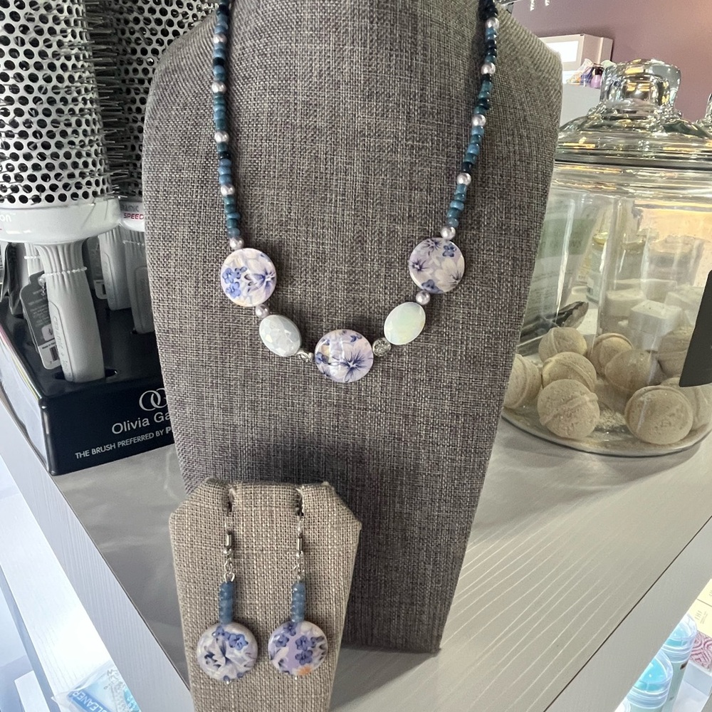 Blue and White Beaded Necklace with Iridescent Charms